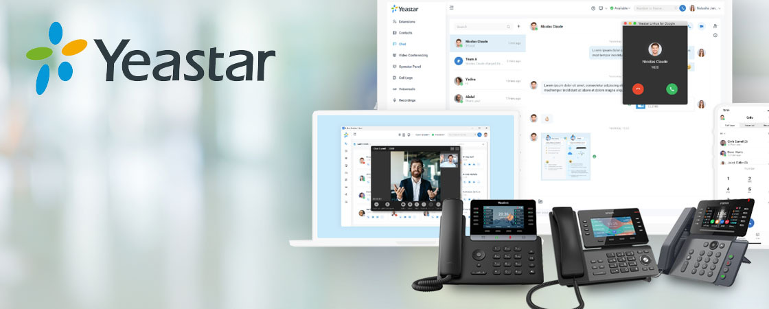 Yeastar unified communications software shown across desktop, mobile, and IP phones