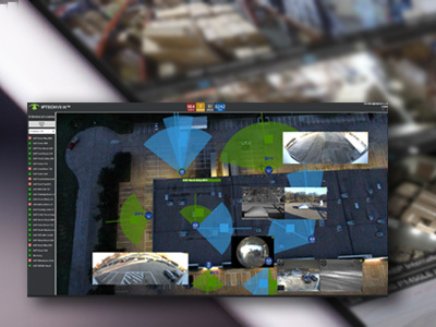 IPTECHVIEW dashboard showing facility map, camera zones, and live thumbnails