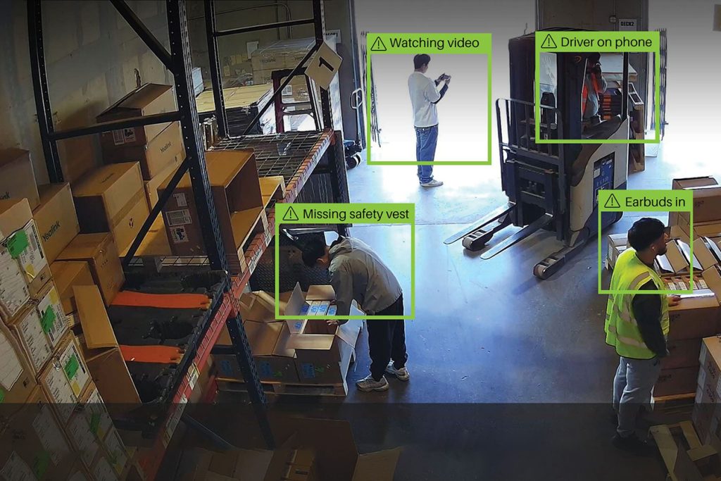 Warehouse camera view with AI-detected safety alerts