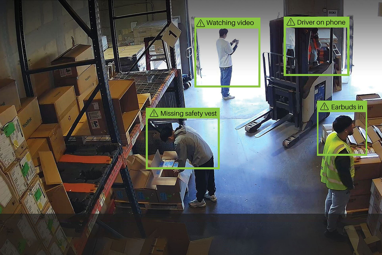 Warehouse camera view with AI-detected safety alerts