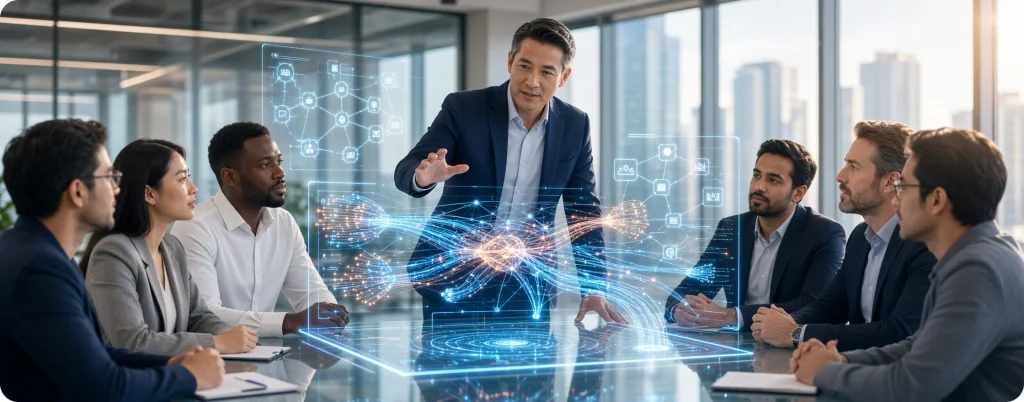 ABP team reviewing an AI-driven IP network visualization in a boardroom