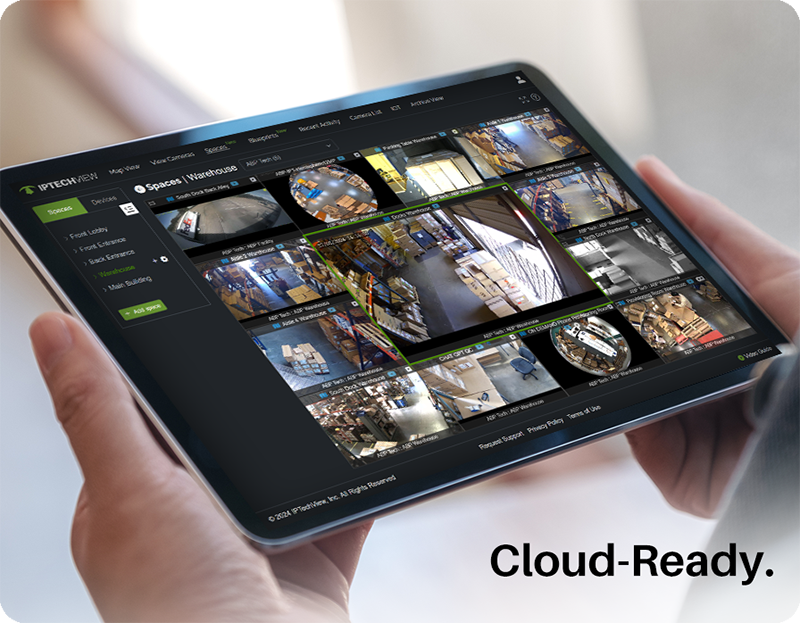IPTECHVIEW cloud video management on a tablet, showing a multi-camera site view