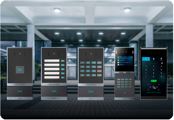 Fanvil video door stations and intercoms in a building lobby