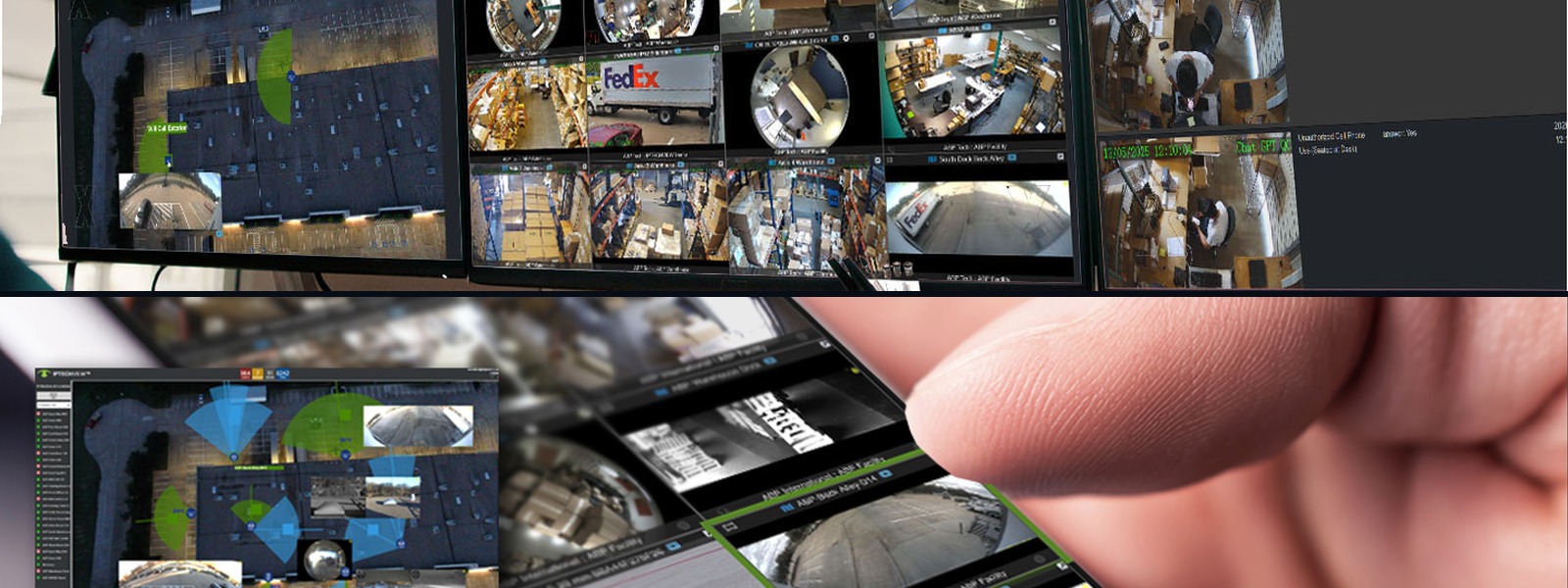 An IPTECHVIEW multi-site management workstation on three monitors above a hand holding a phone showing live camera views